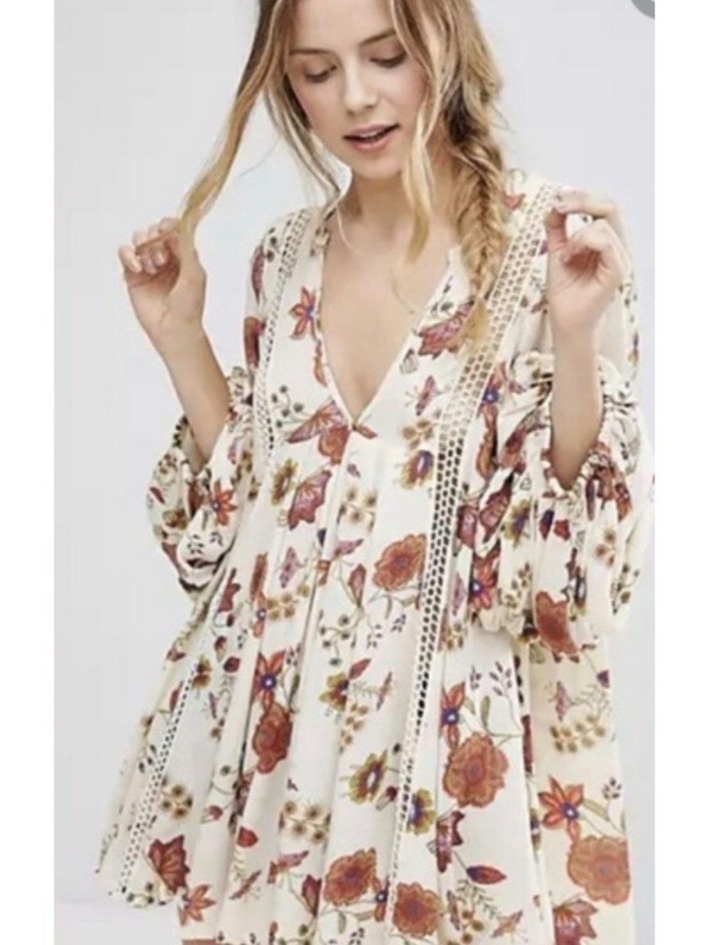 Free People Cream Floral Boho Mini Dress